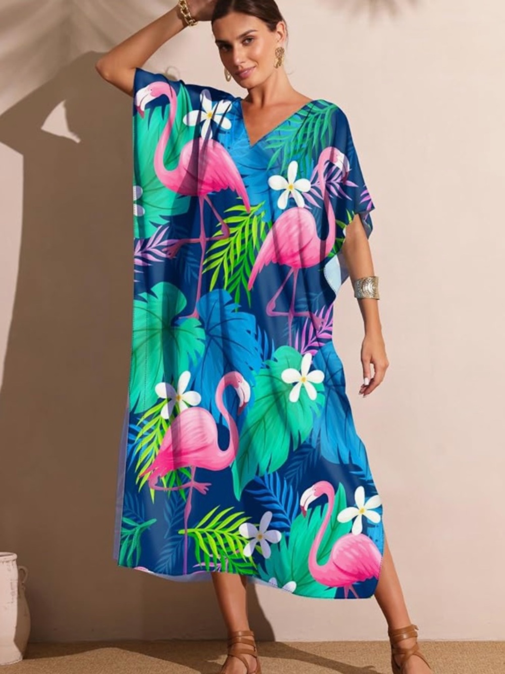 Women’s moo moo dress Blue Flamingo Print Swim Cover-Up Caftan